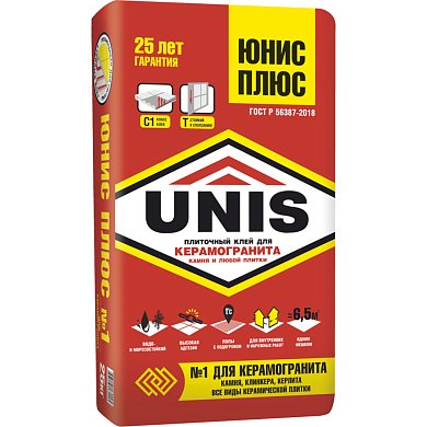 ЮНИС ПЛЮС. Усиленный армированный клей для всех видов плитки, 25 кг. Unis