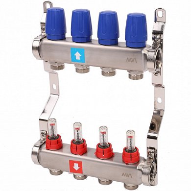 Коллекторная группа нерж. в сборе с расходомерами 1", 4х3/4 евроконус с дренаж. кран MVI MS 704.06