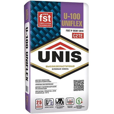 U-100 UNIFLEX. Высокопластичный армированный клей для плитки любого типа, 25 кг. Unis