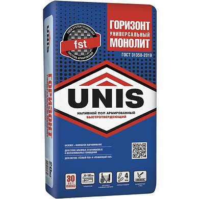 ГОРИЗОНТ МОНОЛИТ. Быстротвердеющий армированный наливной пол, 20кг. Unis